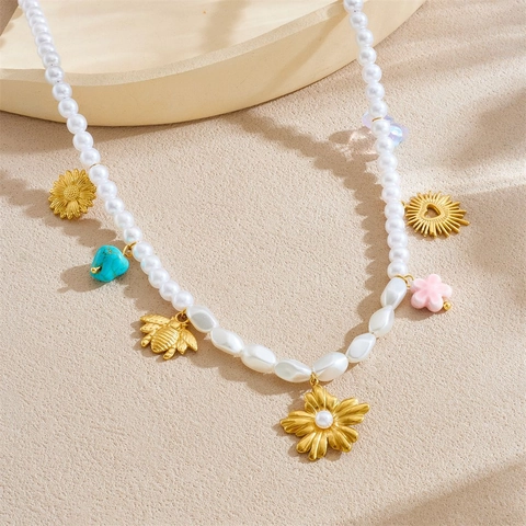 Collar De Perlas Artificiales Con Múltiples Colgantes De Acero Inoxidable Chapado En Oro Girasol Abeja Mariposa Joyería Bohemia Elegante Mujer