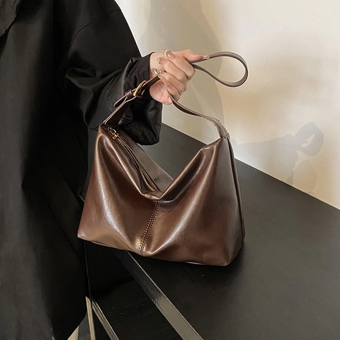 Retro Large Capacity PU Leather Hobo Shoulder Bag For Women Vintage Stitching Crossbody Tote With Adjustable Strap