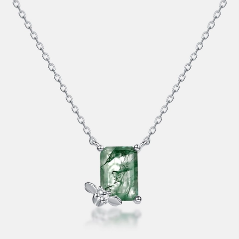 Collar De Ágata Musgosa Verde Natural Cuadrada Con Abeja De Plata Cadena De Plata De Ley 925 Para Mujer