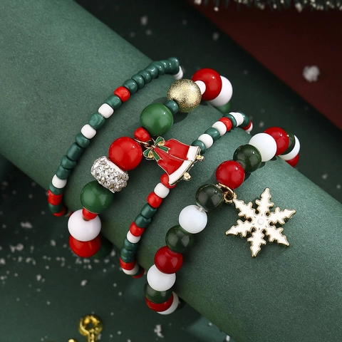 Christmas Beaded Bracelets For Women Red Green White Beads Santa Claus Snowflake Bell Pendant Festive Jewelry Decoration