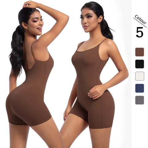 Women Athletic Yoga Romper Sleeveless Spaghetti Strap Slim Fit Nylon Spandex Bodysuit Open Back Sports Jumpsuit