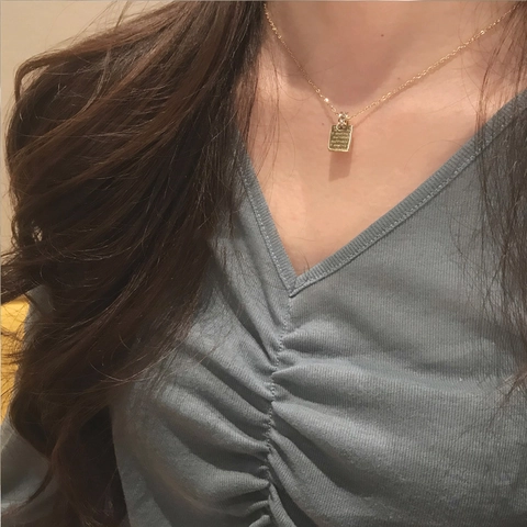 Stainless Steel Zircon Pendant Necklace For Women Engraved Square Tag Heart Clavicle Chain Gold Plated Fashion Jewelry