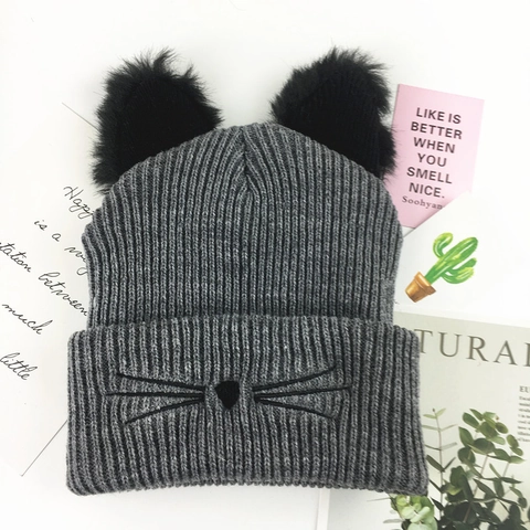 Women Cute Cat Ears Embroidered Knit Beanie Winter Warm Acrylic Cuffed Skull Cap Casual Ins Style Outdoor Headwear