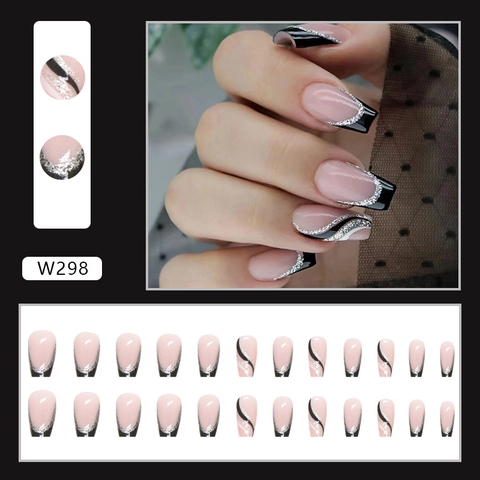 Faux Ongles Cercueil Pointe Française Noire Base Rose Paillettes Argentées Design Élégant À Vagues Pour Femmes