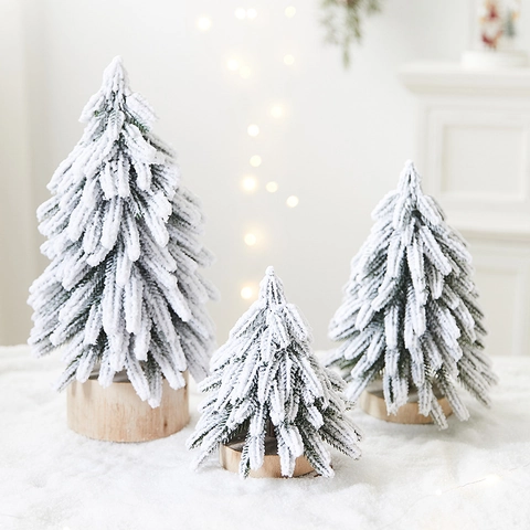 Mini Sapin De Noël Artificiel PE Floconné Neige Pin Socle En Bois Ornement De Bureau Pour Fêtes Hiver