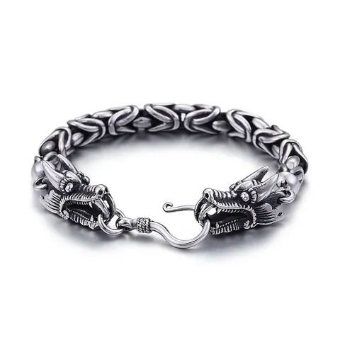 Men Double Dragon Head Bracelet Stainless Steel Retro Byzantine Chain Punk Rock Gothic Biker Jewelry
