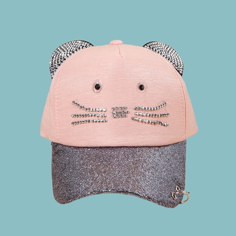 Cappellino Da Baseball Con Orecchie Di Gatto Tessuto Rosa Con Baffi Di Strass Visiera Luccicante Anelli Di Metallo