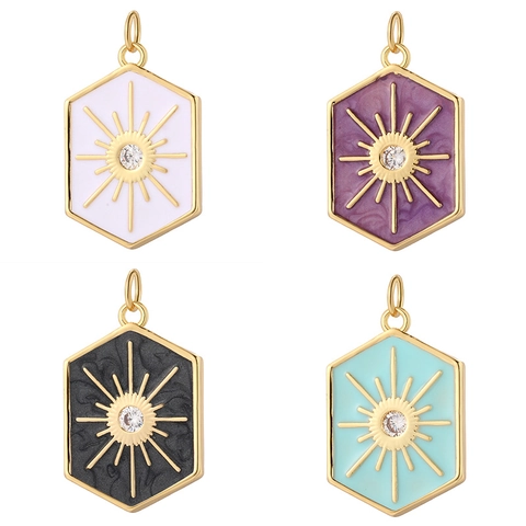Ciondoli Esagonali Sole E Stella Smalto Ottone Placcato Oro 14K Zircone Vintage Componenti Per Gioielli DIY