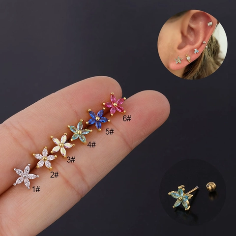 Floral Flower Cartilage Stud Earrings Marquise Zircon Copper Jewelry With Stainless Steel Earring Post