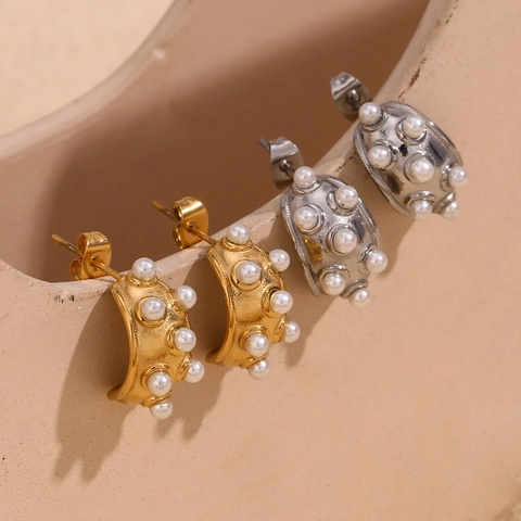 Retro Moon Stud Earrings Stainless Steel With Imitation Artificial Pearl C Shape Geometric Jewelry For Women