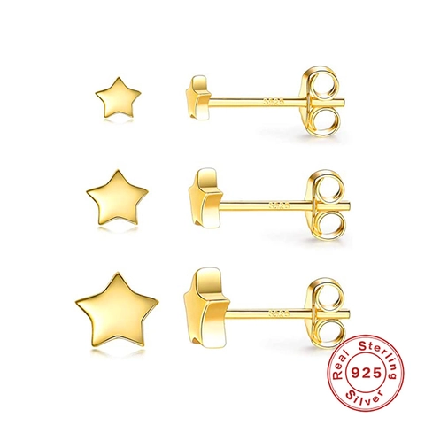 Star Stud Earrings With 925 Sterling Silver Earring Post Mini Geometric Pentagram Smooth Jewelry For Women Girls