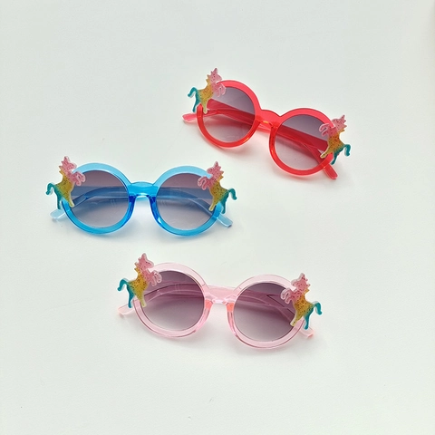 Kids Sunglasses Round Frame UV400 Protection Plastic PC Lenses Glitter Unicorn Decor Fashion Outdoor For Boys Girls
