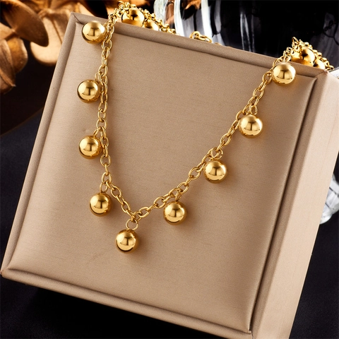 Mode Vergoldete Edelstahl Halskette Mit Mehreren Kugelanhängern Minimalistische Retro Kette Für Damen