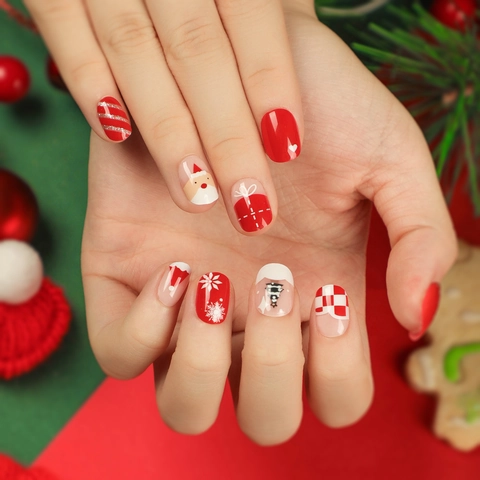 Weihnachten Künstliche Nägel Rot Weiß Weihnachtsmann Schneeflocken Muster Kurz Rund Wiederverwendbar Festlich