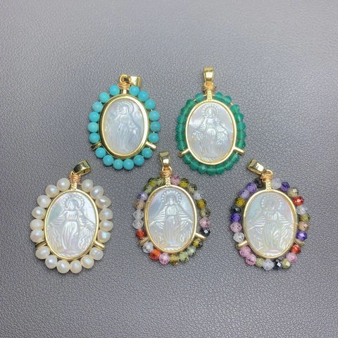 Collana Pendente Vergine Maria Madreperla Rame Placcato Oro 18K Vintage Religioso Perlina Chiusura Argento Gioielli
