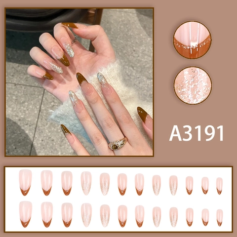 Mocha Brown French Tip Press On Nails Fine Glitter Glossy Almond Shaped Artificial Fingernails For Women