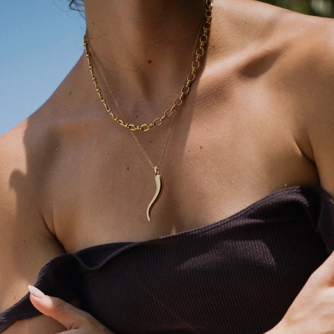 Collana da Donna Minimalista in Acciaio Inossidabile con Ciondolo a Cornetto Portafortuna Oro Argento Catena a Maglie Grosse Gioielli Regalo