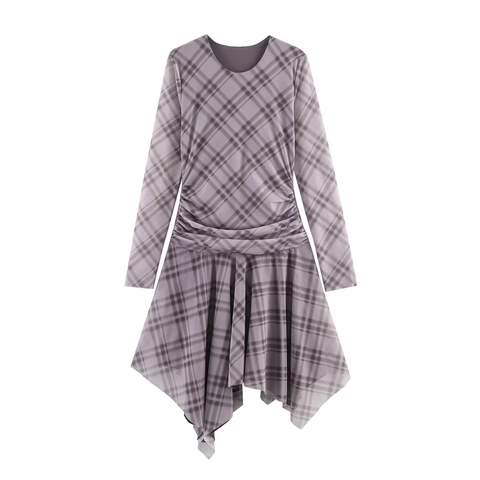 Kariertes Mesh Langarm Kleid Gerafft Asymmetrisch Rundhals Bodycon Minikleid Damen Sexy Mode