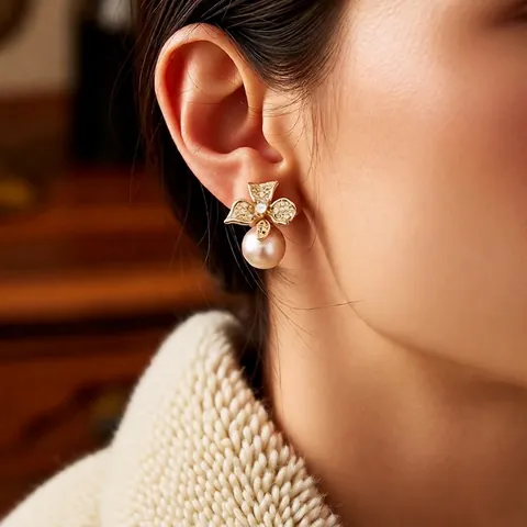 Vintage Französische Blume Künstliche Perle Hängeohrringe Für Frauen Kupfer Zirkon Mit Silbernen Ohrringstift