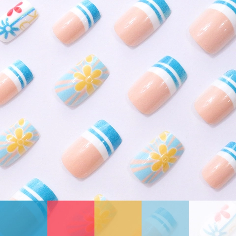 Korte Vierkante Press On Nails Hawaii Strand Palmboom Zomer Franse Stijl Kunstnagels Voor Vrouwen Glanzend ABS Plastic