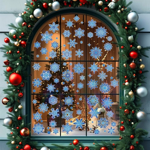 Pegatinas Ventana Copo De Nieve Navidad PVC Estática Holográfica Azul Decoración Cristal Invierno Fiesta
