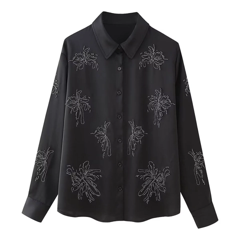 Women Casual Satin Shirt And Pants Outfit Floral Embroidery Beaded Long Sleeve Vacation Suit Streetwear