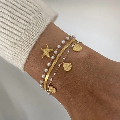 Pulseras De Acero Inoxidable Océano Concha Estrella De Mar Perla Artificial Cuenta Azul Chapado En Oro Joyería Para Mujeres
