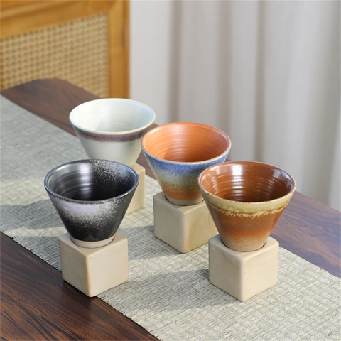 Ceramic Coffee Cup With Base Conical Funnel Shape Coarse Pottery Japanese Retro Reactive Glaze Handmade Espresso Tea Mug