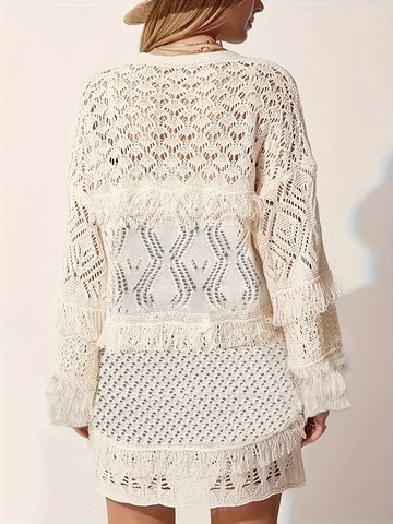 Women Bohemian Polyester Spandex Crochet Cardigan And Tube Top Long Sleeve Hollow Out Knit Casual Vacation Style