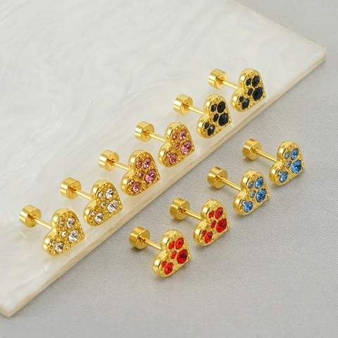 Heart Stud Earrings 18K Gold Plated Stainless Steel Rhinestone Screw Back Minimalist Jewelry For Women