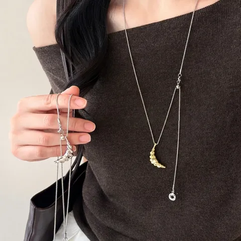 Croissant Anhänger Lange Halskette Kupfer Echtgold Vergoldet Pulloverkette Französisch Minimalistisch Schmuck Damen