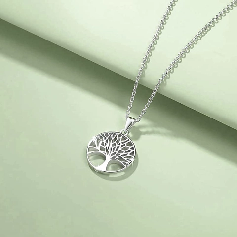 Collier en Argent Sterling 925 Arbre de Vie pour Femmes Pendentif Rond Creux Collier Cadeau Maman Bijoux Argent Électroplaqué