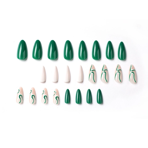 Unghie Finte A Pressione Lucide Forma Mandorla Blocco Di Colore Verde Bianco Linee Ondulate Unghie Artificiali Lunghe Decorazione Manicure