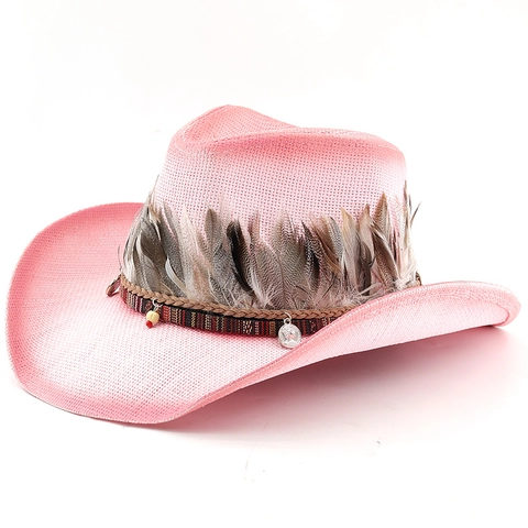 Western Cowboyhoed Gevlochten Stro Polyester Met Veren Brede Rand Zonbescherming Vintage Boho Buiten Reizen Unisex
