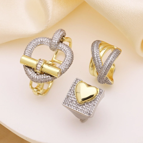 Übertriebener Damen Kupfer Offener Verstellbarer Ring Mit Zirkonia Herz Bambus Mehrschichtiger Zweifarbiger Fingerschmuck