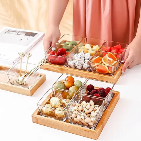 Nordic Square Glass Fruit Snack Divided Platter With Wood Tray Gold Rim Appetizer Serving Bowls Modern Home