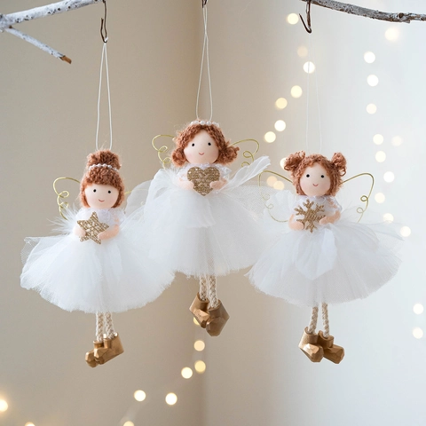 Angioletto Di Natale Ornamenti Appesi Gonna In Rete Bianca Ali Dorate Tessuto Filato Per Decorazioni Albero