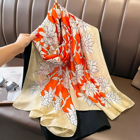 Bufanda Larga Grande Con Estampado Floral Imitación Satén Suave Protector Solar Playa Ligera Moda Para Mujer