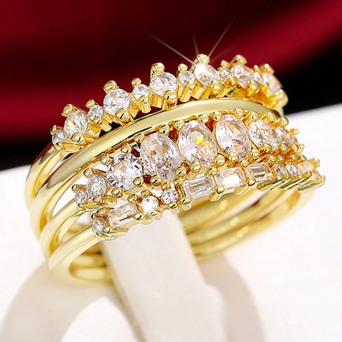 Stackable Rings Copper With Cubic Zirconia Multi Row Oval And Round Cut Elegant Luxury Jewelry For Women Gold Color