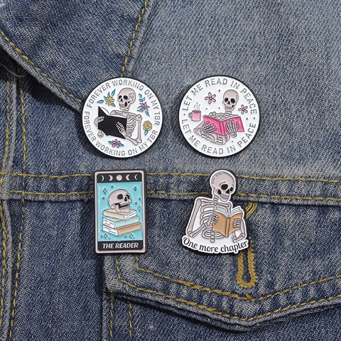 Skeleton Skull Enamel Pins Alloy Brooches Gothic Dark Humor Reading Cat Halloween Badges For Clothes Backpack Decor