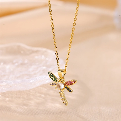 Elegante Collana Con Pendente A Libellula In Rame Placcato Oro Con Zirconi Colorati Gioielli Per Donna