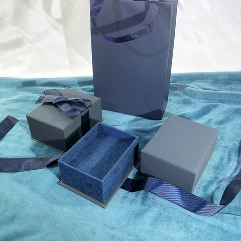 Scatola Per Gioielli Blu Notte E Borsa Confezione Regalo Cartone Strutturato Fiocco In Nastro Fodera In Velluto Per Collana Anello Orecchino
