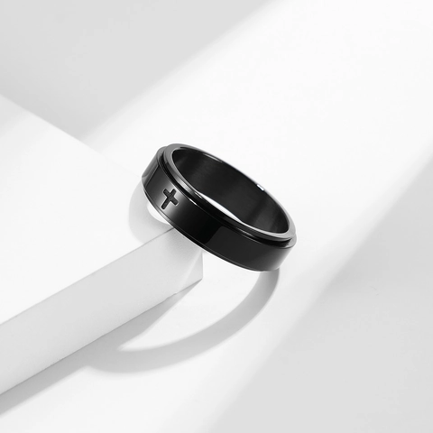 Anello Rotante Con Croce In Acciaio Inossidabile Girevole Sollievo Dallo Stress Inciso Nero Religioso Minimalista Uomo Donna Unisex