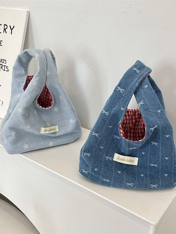 Mini Denim Knot Armband Handtasche Mit Stern Bogen Muster Kontrast Rot Gingham Futter Japanischen Stil Lässige Kleine Tote