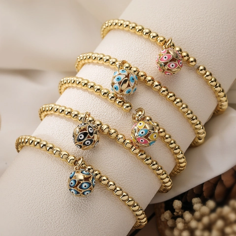 Evil Eye Perlenarmband Gold Vergoldetes Kupfer Mit Emaille Kugel Anhänger Böhmischer Schmuck Für Damen
