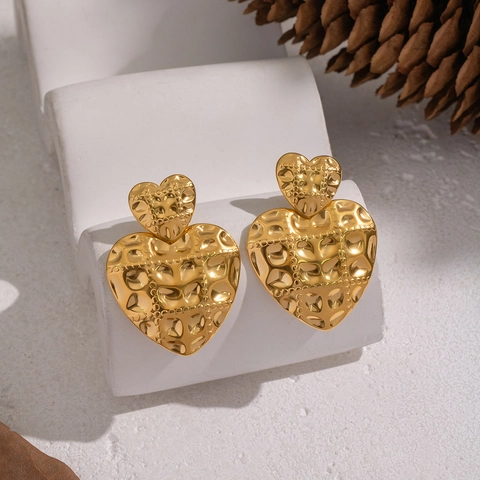 Vintage Edelstahl Herz Ohrstecker Für Frauen Gehämmert Vergoldet Wasserdicht Strukturierter Schmuck Retro Stil