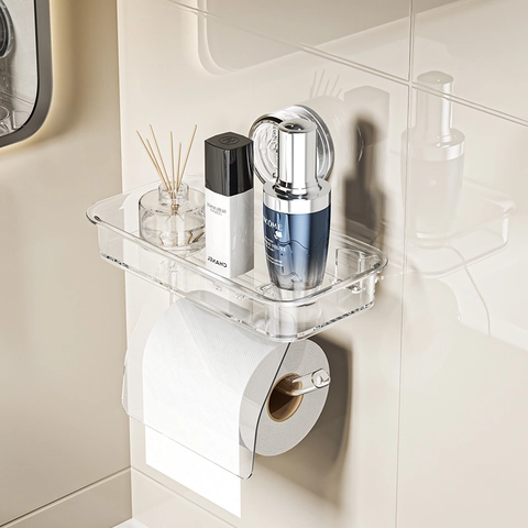 Portarotolo Carta Igienica Da Parete Ventosa Con Ripiano Portaoggetti Organizzatore Bagno Plastica Trasparente