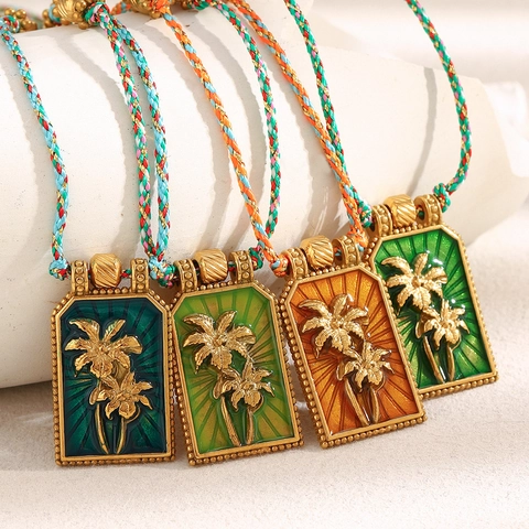 Palm Tree Tarot Card Necklace 18K Gold Plated Stainless Steel Enamel Relief Pendant With Colorful Woven Rope Women