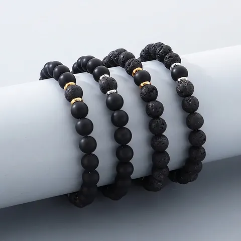 Beaded Bracelet Natural Lava Stone Matte Agate Metal Spacers Retro Minimalist Masculine Jewelry Unisex