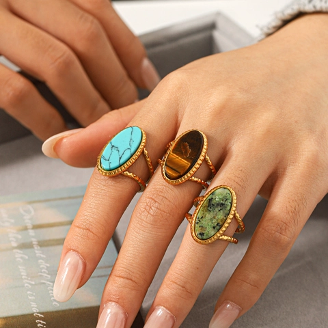 Retro Edelstahl Ringe Damen Türkis Tigerauge Naturstein Böhmisch Vintage Verstellbar Offen Schmuck